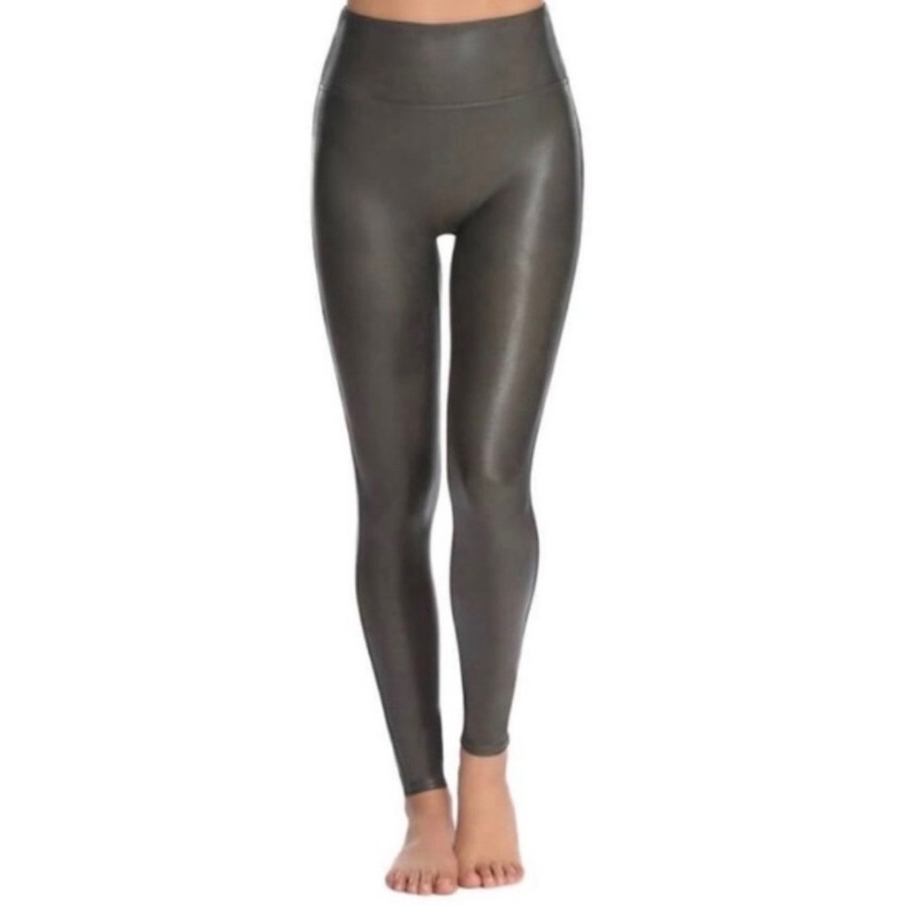 SPANX Faux Leather Leggings Gunmetal Gray High Waist Shaping Size Small